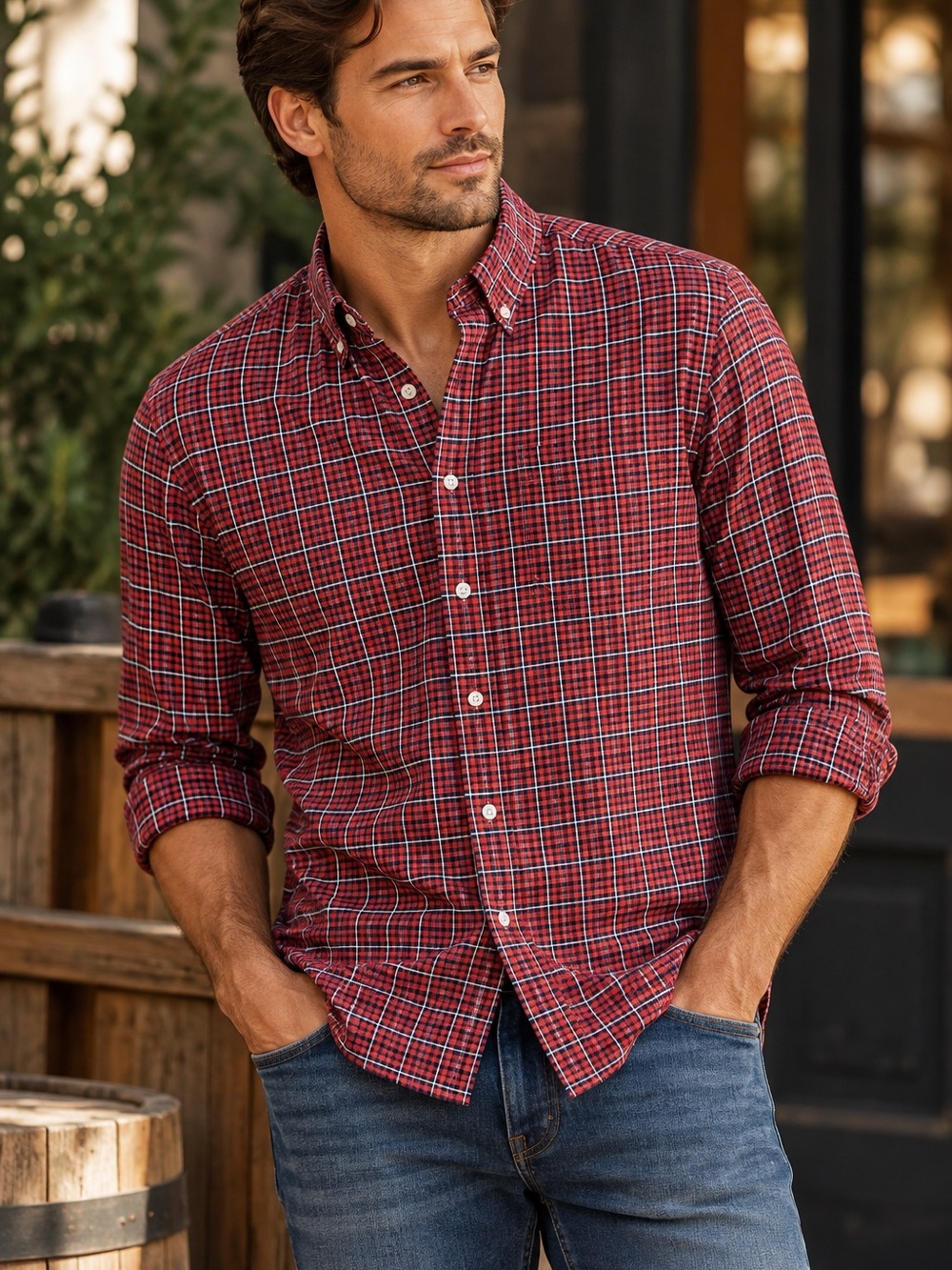 Crew Slim Oxford Plaid Button Down Shirt Red Navy Cotton Men’s Large